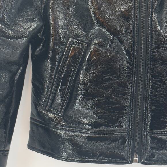 Unreal Fur Aviator Jacket Small Black Bomber Vegan Wet Look Leather Fur Collar - Picture 6 of 14